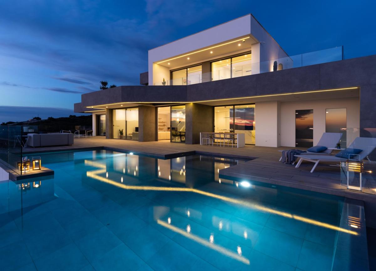Luxury modern villa in Spain at blue hour