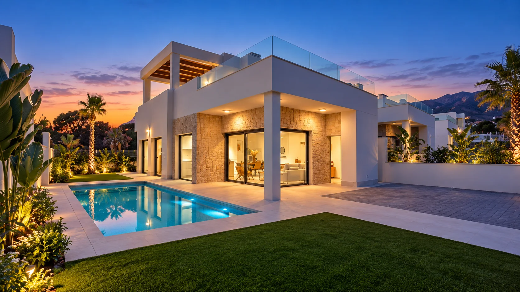 Contemporary new-build villa at twilight