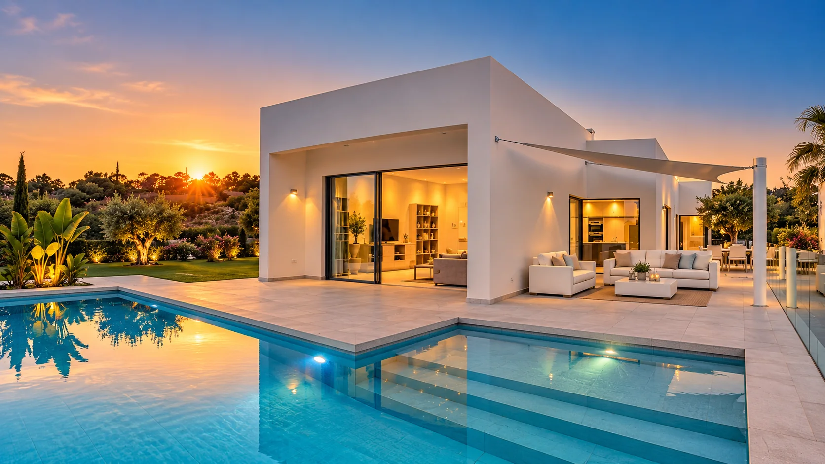 Modern new-build villa in Spain at sunset